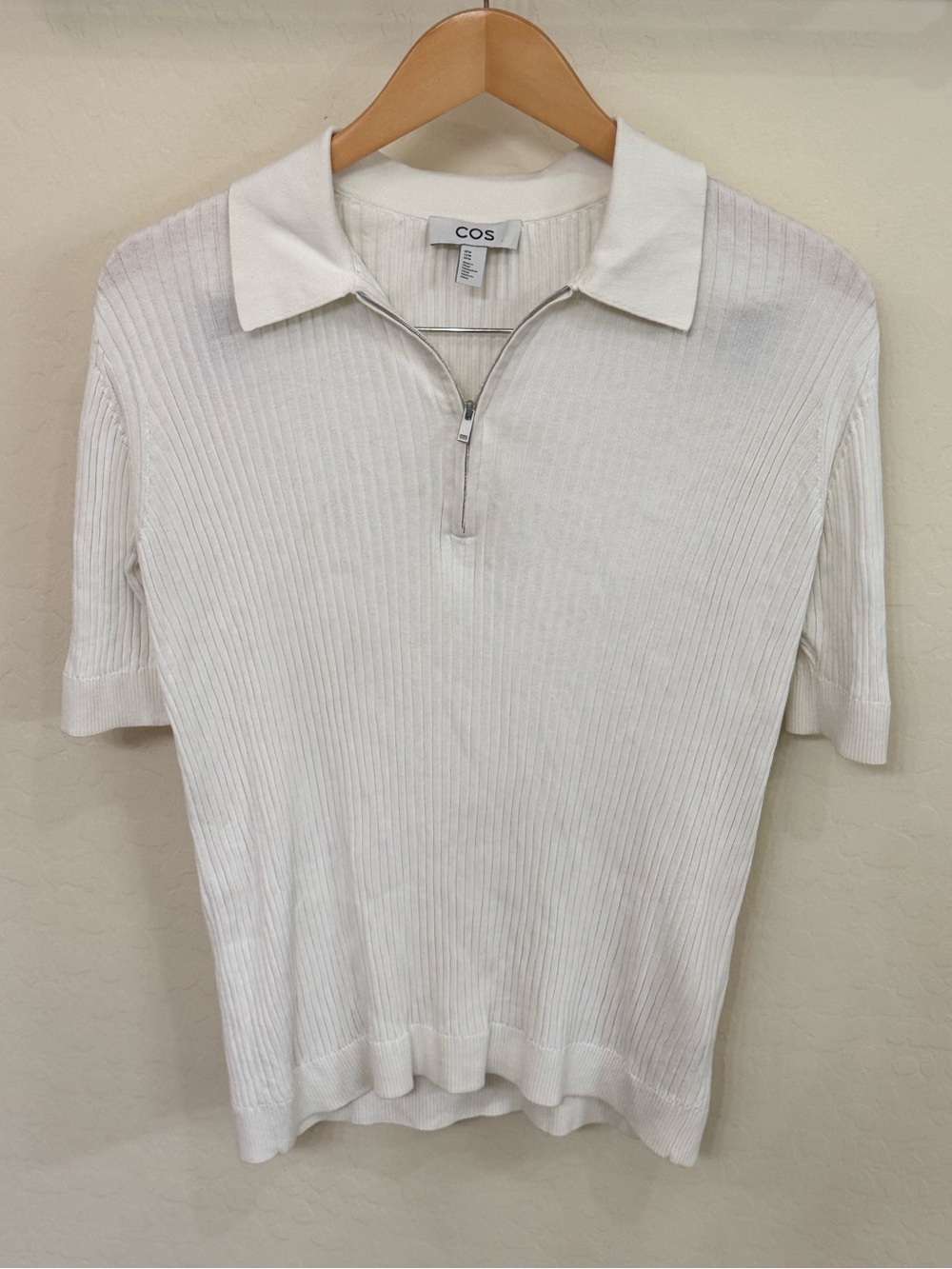 COS White Knitted Silk Blend Ribbed Half Zip Polo Top Medium